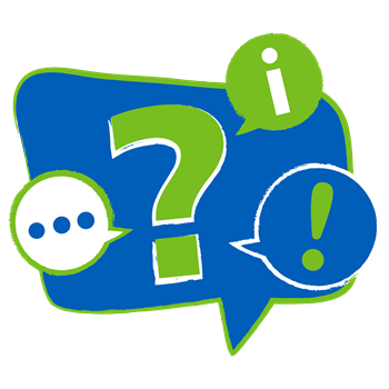Speech bubble graphic to illustrate the idea of a public question with question marks and information icons
