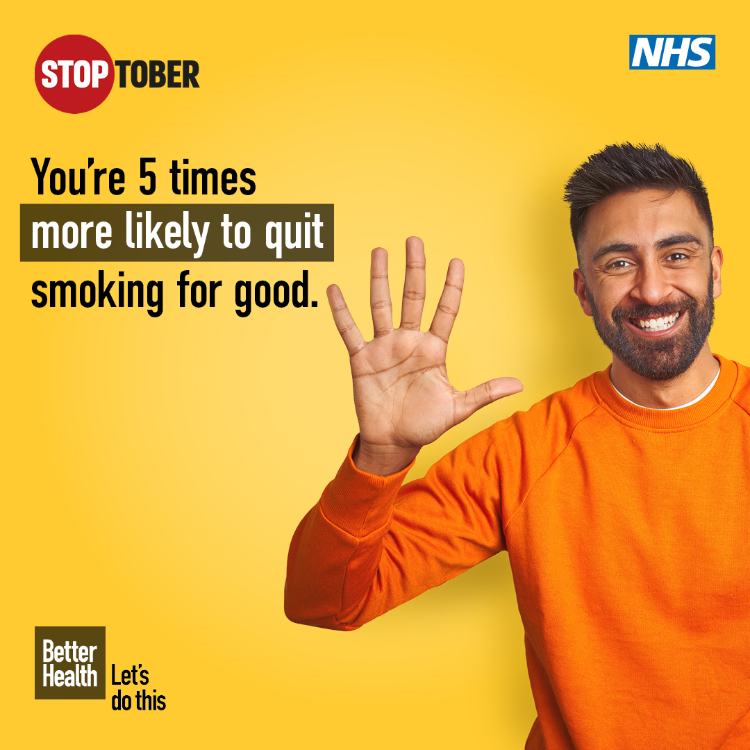 A man in an orange jumper holding up five fingers, with the quote 'You're five times more likely to quit smoking for good'. 