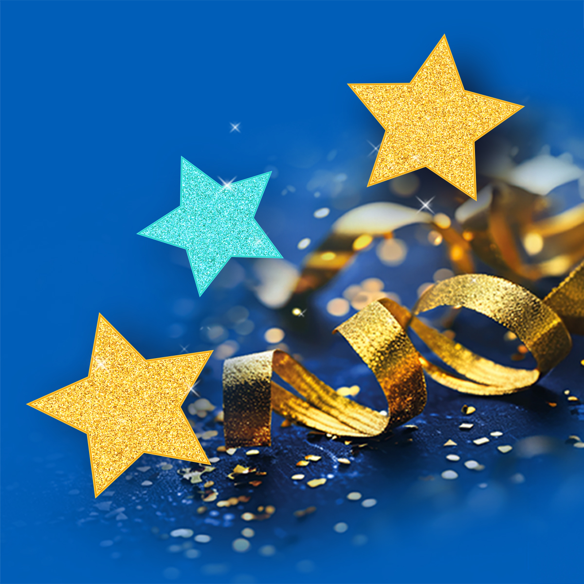 A graphic with stars and confetti 