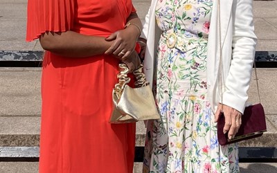 Janet Worroll and her guest Christine Jaricha attend the Buckingham Palace Garden Party