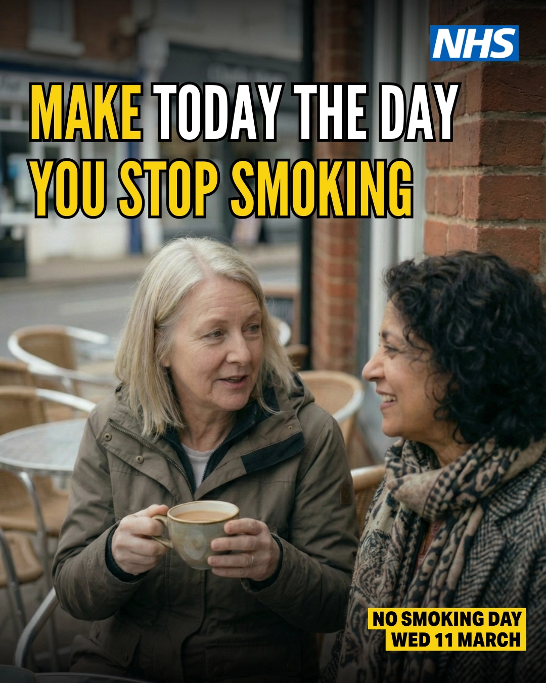 NHS stop smoking day - two ladies smiling sharing coffee